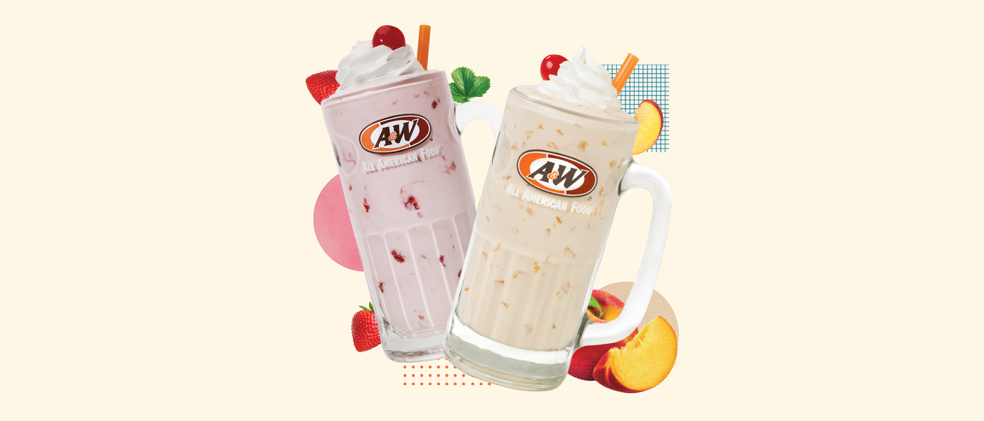 Strawberry and Peach Shakes on a light tan background